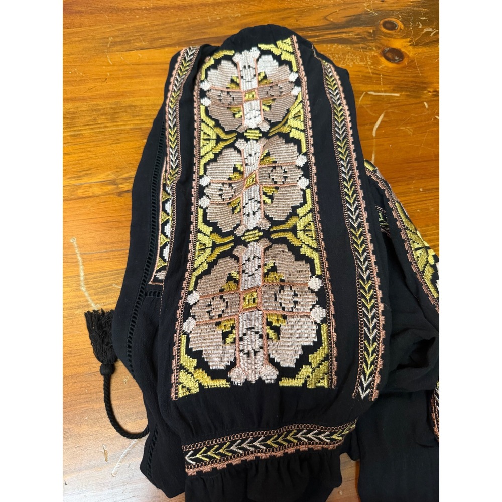 Hummingbird Black Embroidered Boho Peasant Blouse Tassel Tie S HT10991H - Picture 7 of 9